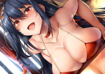 anthropomorphism azur lane belko black hair blush breasts choker cleavage close long hair ponytail red eyes signed taihou (azur lane)