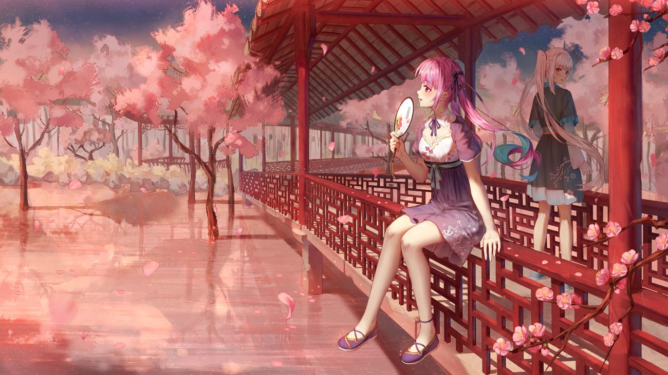 2girls breasts cherry blossoms chinese clothes cleavage dress fan flowers hololive ji dao ji kagura gumi kagura mea long hair minato aqua orange eyes petals pink eyes pink hair reflection scenic sky stars tree twintails water white hair