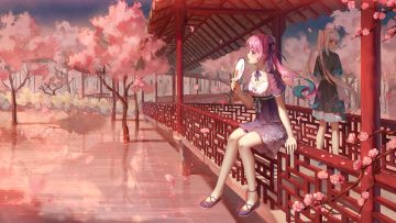 2girls breasts cherry blossoms chinese clothes cleavage dress fan flowers hololive ji dao ji kagura gumi kagura mea long hair minato aqua orange eyes petals pink eyes pink hair reflection scenic sky stars tree twintails water white hair
