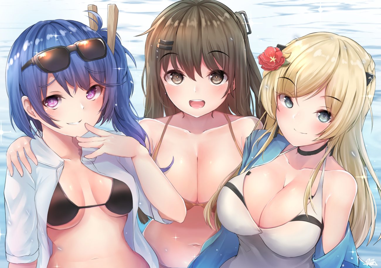 anthropomorphism bikini blonde hair blue hair breasts brown eyes brown hair choker cleavage close girls frontline gray eyes hiromaster sinta jh k11 (girls frontline) k2 (girls frontline) k5 (girls frontline) long hair navel open shirt ponytail purple eyes sunglasses swimsuit water