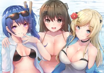 anthropomorphism bikini blonde hair blue hair breasts brown eyes brown hair choker cleavage close girls frontline gray eyes hiromaster sinta jh k11 (girls frontline) k2 (girls frontline) k5 (girls frontline) long hair navel open shirt ponytail purple eyes sunglasses swimsuit water