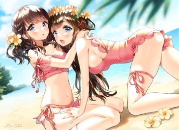 2girls ancotaku ass beach bikini blue eyes braids breasts brown hair clouds fang flowers garter headdress hug long hair navel original short hair sideboob signed sky swimsuit water