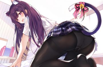 animal ears ass bed bell blush bow catgirl long hair original panties pantyhose pink eyes purple hair skirt tagme (artist) tail underwear upskirt