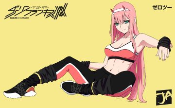 breasts cleavage darling in the franxx gloves green eyes headband horns j adsen logo long hair navel pink hair watermark yellow zero two