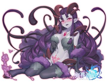 anthropomorphism breast hold complex saga elbow gloves gloves horns logo long hair magic navel necklace neko7 pink eyes pointed ears purple hair shub-niggurath tattoo tentacles thighhighs