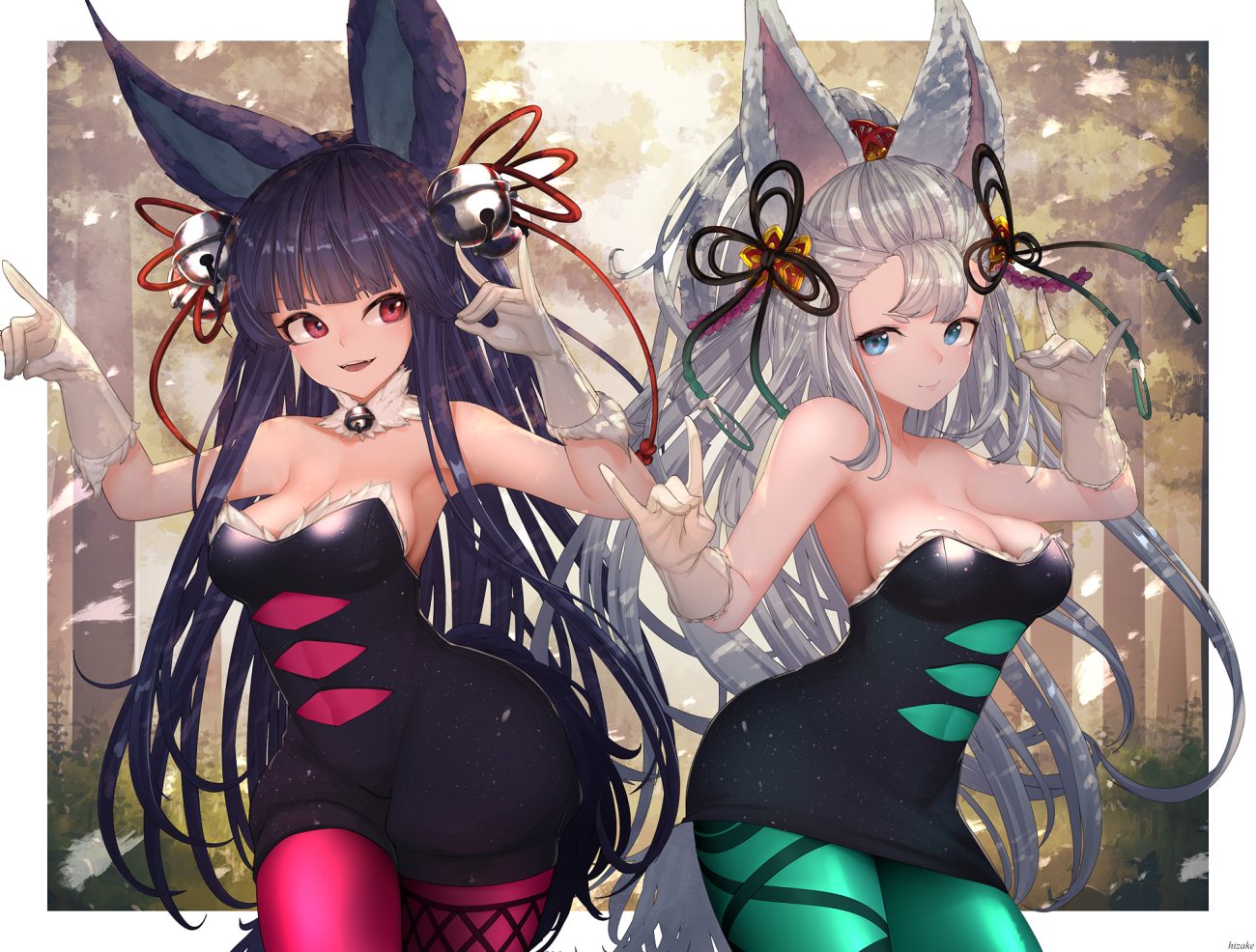 2girls animal ears aqua eyes bell black hair bodysuit breasts choker cleavage cosplay dress elbow gloves foxgirl gloves granblue fantasy gray hair kashu (hizake) long hair ponytail red eyes shorts skintight societte (granblue fantasy) splatoon watermark yuel (granblue fantasy)