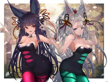 2girls animal ears aqua eyes bell black hair bodysuit breasts choker cleavage cosplay dress elbow gloves foxgirl gloves granblue fantasy gray hair kashu (hizake) long hair ponytail red eyes shorts skintight societte (granblue fantasy) splatoon watermark yuel (granblue fantasy)