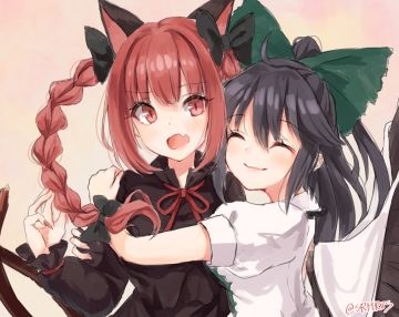 2girls animal ears black hair blush bow braids catgirl fang hug kaenbyou rin long hair multiple tails red eyes red hair reiuji utsuho shiromoru (yozakura rety) signed sketch tail touhou twintails wings