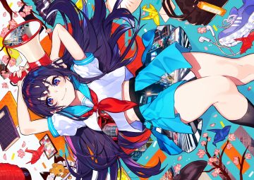 blue eyes cherry blossoms flowers headphones kneehighs long hair mika pikazo original paper phone photo purple hair school uniform teddy bear