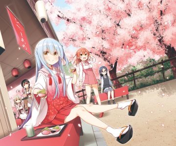 apron black hair blue hair blush cherry blossoms cropped drink flowers food glasses gray hair group japanese clothes long hair original petals red hair short hair skirt socks tree waitress yume no owari