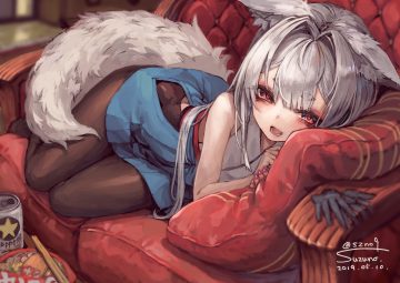animal ears couch drink fang food foxgirl gray hair long hair original pantyhose red eyes signed suzuno (bookshelf) tail