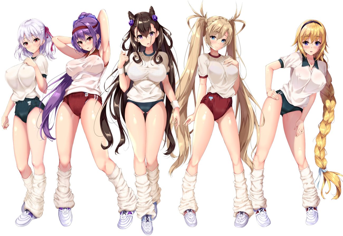 blonde hair bloomers blush bradamante braids breast hold breasts brown hair erect nipples fate/grand order fate (series) fukuda shuushi green eyes group gym uniform headband jeanne d'arc (fate) kama (fate/grand order) kneehighs long hair murasaki shikibu ponytail purple eyes purple hair red eyes scathach (fate/grand order) scathach skadi (fate/grand order) socks twintails white white hair