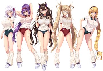 blonde hair bloomers blush bradamante braids breast hold breasts brown hair erect nipples fate/grand order fate (series) fukuda shuushi green eyes group gym uniform headband jeanne d'arc (fate) kama (fate/grand order) kneehighs long hair murasaki shikibu ponytail purple eyes purple hair red eyes scathach (fate/grand order) scathach skadi (fate/grand order) socks twintails white white hair