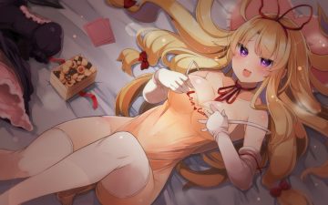 aliasing bed blonde hair blush bow breast hold breasts choker cleavage elbow gloves food gloves long hair nopan purple eyes ribbons shin (new) swimsuit thighhighs touhou yakumo yukari
