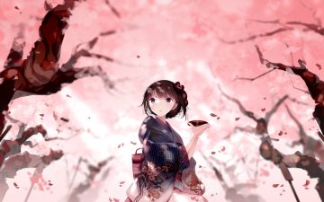 atha braids brown hair cherry blossoms drink flowers japanese clothes kimono original purple eyes sake short hair tree