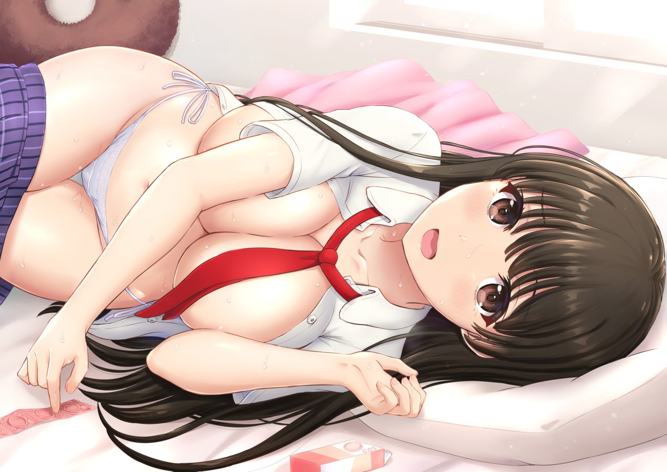 bed blush breasts brown eyes brown hair condom inanaki shiki long hair navel no bra open shirt original panties school uniform tie underwear undressing