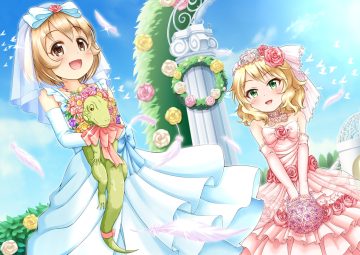 2girls animal blonde hair bow brown eyes brown hair clouds dress elbow gloves feathers flowers gloves green eyes headdress idolmaster idolmaster cinderella girls koga koharu loli regular mow ribbons rose sakurai momoka short hair sky tiara wedding attire