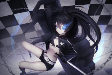 bikini top black hair black rock shooter blue eyes boots chain flat chest gloves hood inosia kuroi mato long hair magic navel polychromatic scar shorts signed sword twintails weapon