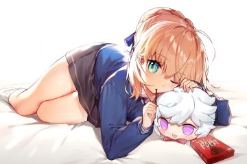 artoria pendragon (all) blonde hair braids fate/grand order fate (series) food green eyes kamiowl kneehighs merlin (fate/grand order) pocky saber school uniform short hair skirt socks wink