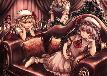 apron blonde hair blue hair braids couch dress drink flandre scarlet hat izayoi sakuya loli maid red eyes reika winter remilia scarlet short hair socks touhou vampire white hair wings