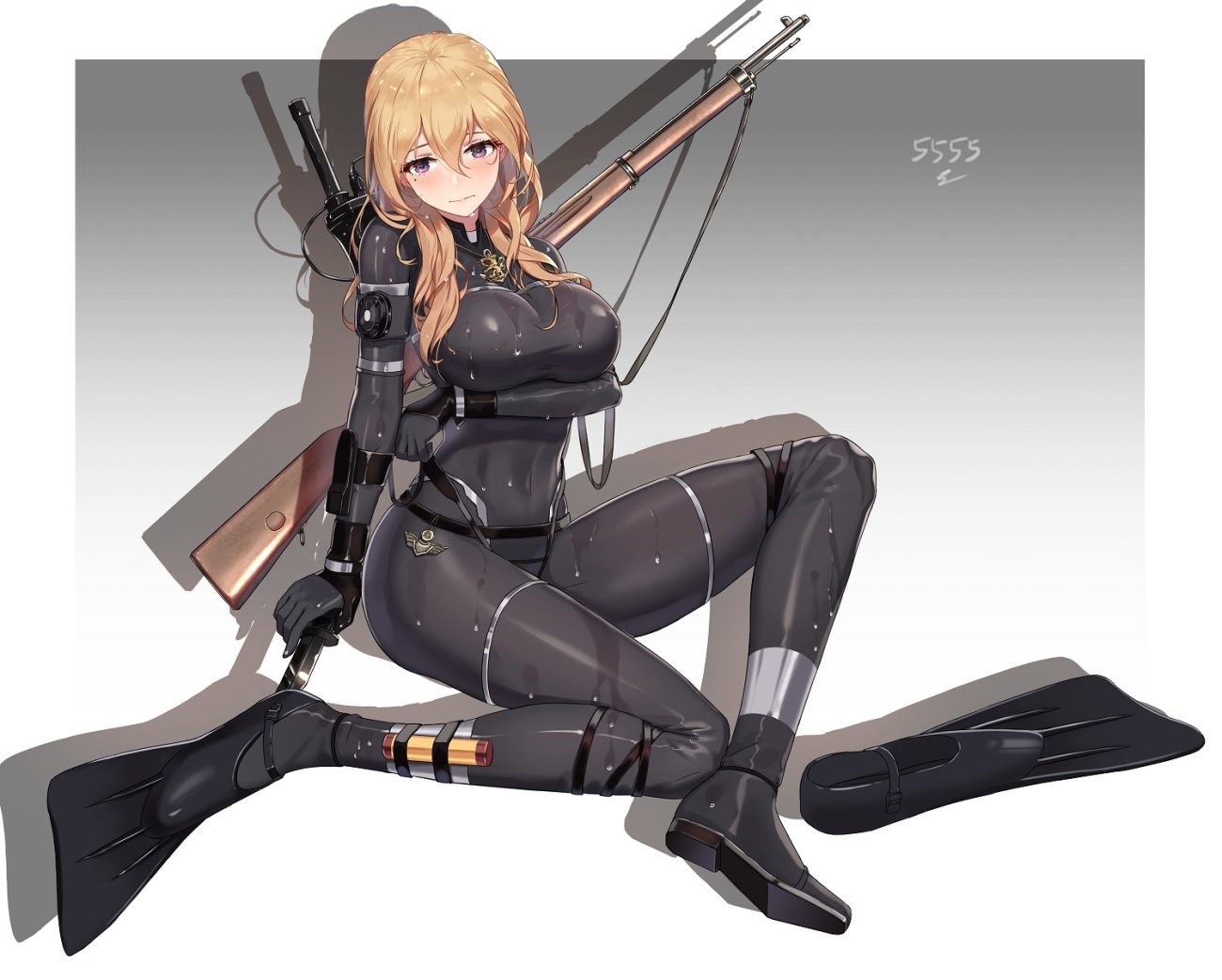 5555 96 aliasing blonde hair bodysuit breast hold breasts gradient gun knife long hair necklace original purple eyes signed skintight weapon wet