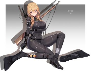5555 96 aliasing blonde hair bodysuit breast hold breasts gradient gun knife long hair necklace original purple eyes signed skintight weapon wet