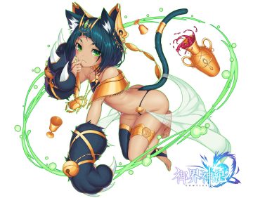 animal ears armor barefoot bell bikini blush catgirl cat smile complex saga drink gloves green eyes green hair logo magic neko7 short hair swimsuit tail white