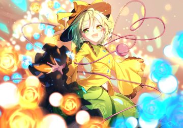 bow flowers green eyes green hair hat komeiji koishi qys3 ribbons rose short hair signed skirt touhou