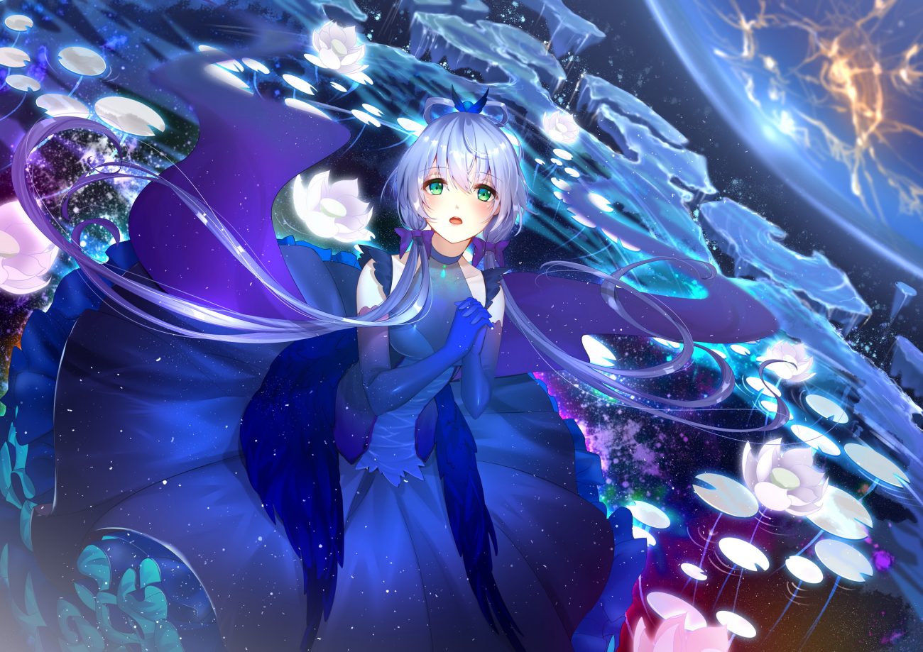 blue hair bow catcan dress elbow gloves gloves green eyes jpeg artifacts long hair luo tianyi planet space twintails vocaloid vsinger water