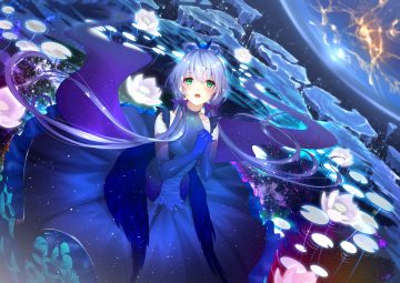 blue hair bow catcan dress elbow gloves gloves green eyes jpeg artifacts long hair luo tianyi planet space twintails vocaloid vsinger water