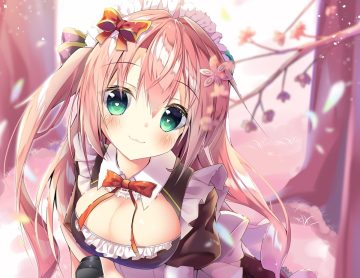 aliasing apron blush bow cat smile flowers green eyes headdress long hair maid mitsuhamochi original pink hair ponytail ribbons tree