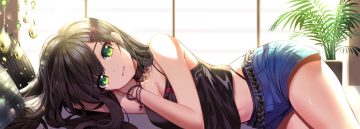 bed black hair breasts choker cleavage cross eile (esspril) green eyes long hair navel original shorts wristwear
