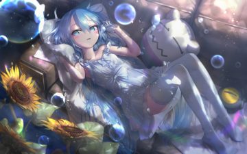 aqua eyes aqua hair blush bubbles couch dress flowers gesoking gloves hatsune miku long hair summer dress sunflower thighhighs underwater vocaloid water