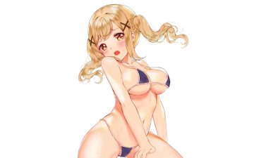 bang dream! bikini blonde hair blush breasts chouge60229 erect nipples ichigaya arisa navel nipples swimsuit third-party edit twintails waifu2x white yellow eyes