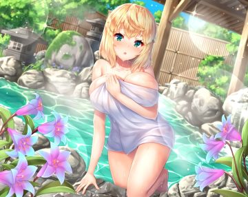 barefoot blonde hair breast hold breasts cleavage flowers onsen original pensuke short hair towel waifu2x water