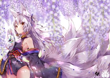 animal ears bell flowers foxgirl gray hair japanese clothes long hair mask multiple tails original red eyes tail usagihime watermark