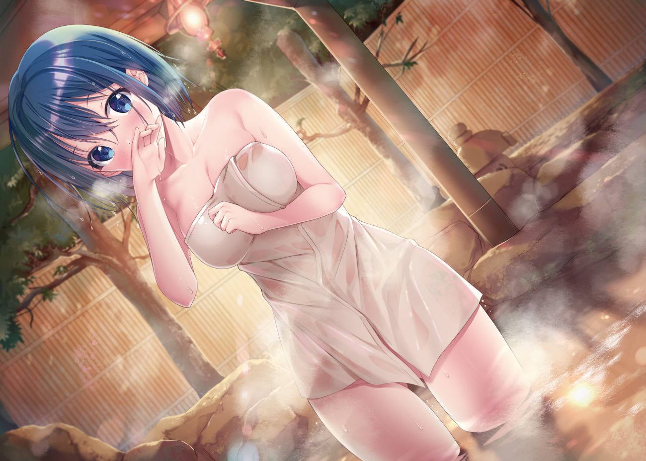 blue eyes blue hair blush onsen original see through short hair sousouman towel tree water wet