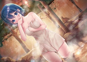 blue eyes blue hair blush onsen original see through short hair sousouman towel tree water wet
