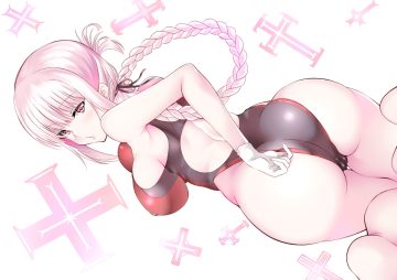 ass braids breasts cameltoe cross daive erect nipples fate/grand order fate (series) florence nightingale gloves long hair pink eyes pink hair skintight swimsuit white