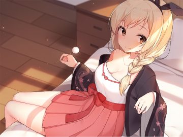 bed blonde hair bow braids breasts brown eyes cleavage japanese clothes original ponytail ribbons sela skirt