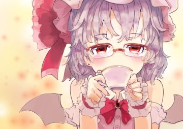 blush bow close drink glasses hat purple hair red eyes remilia scarlet short hair sinzan touhou vampire wings wristwear