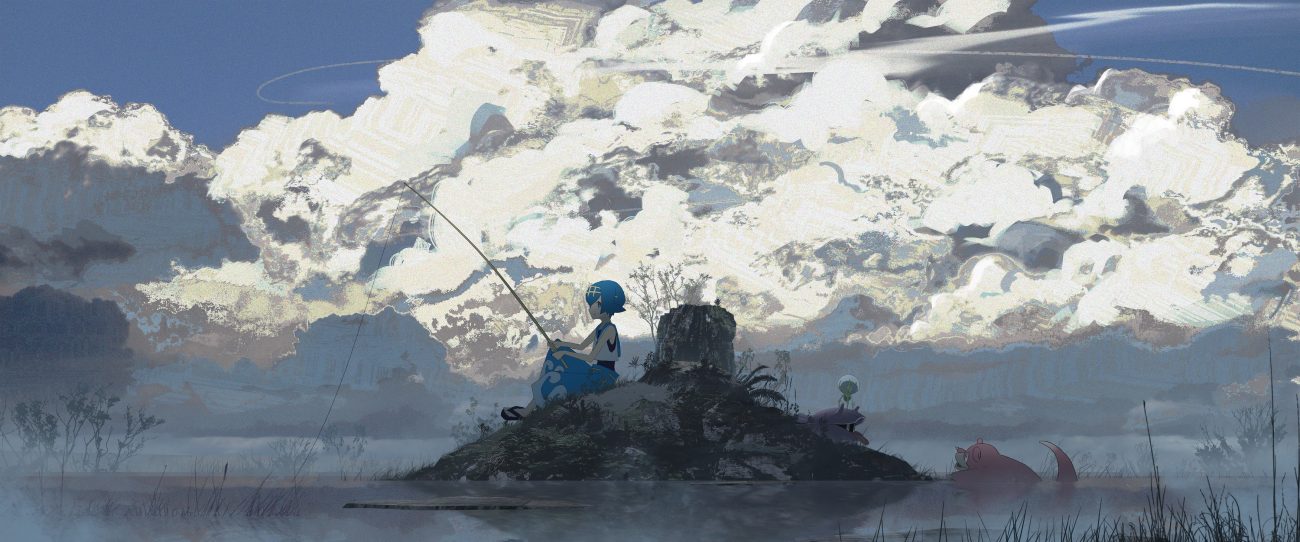 asteroid ill blue eyes blue hair clouds dewpider grass pokemon scenic shellder short hair sky slowbro suiren (pokemon) water