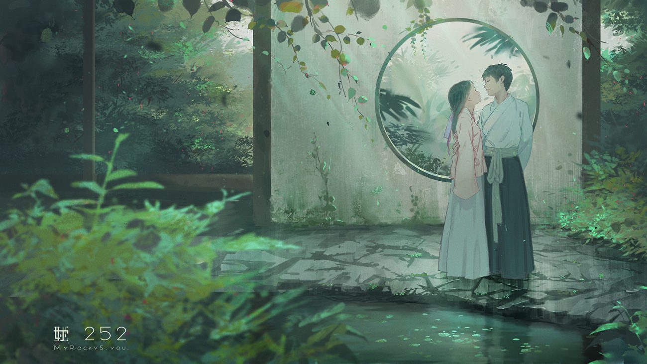 black hair chinese clothes green leaves long hair male myrockys original scenic short hair tree water watermark