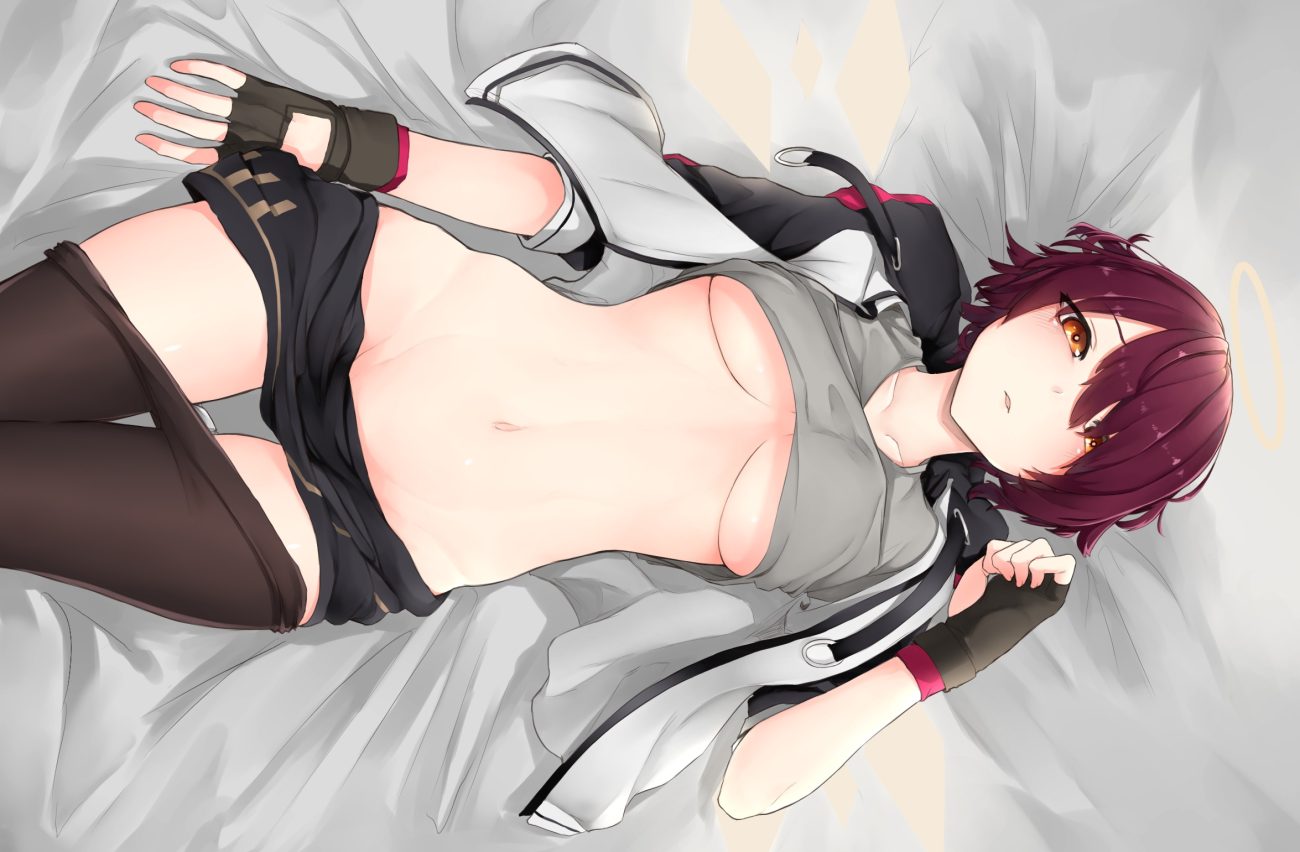 arknights bed blush breasts exusiai (arknights) gloves hood k0ng navel no bra nopan orange eyes pantyhose purple hair shirt lift short hair skirt underboob