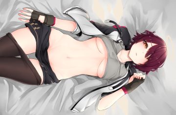 arknights bed blush breasts exusiai (arknights) gloves hood k0ng navel no bra nopan orange eyes pantyhose purple hair shirt lift short hair skirt underboob
