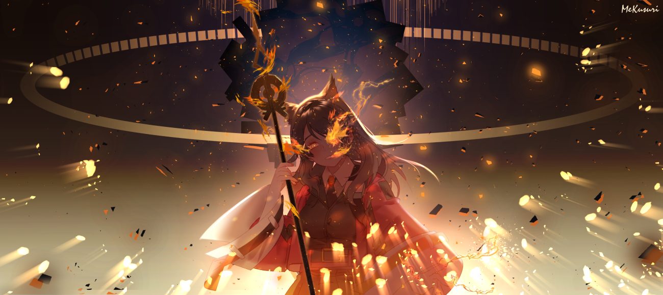 animal ears arknights brown hair catgirl fire long hair orange eyes satonishi skyfire (arknights) staff suit tie