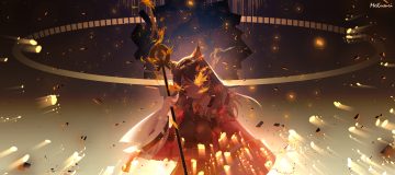animal ears arknights brown hair catgirl fire long hair orange eyes satonishi skyfire (arknights) staff suit tie