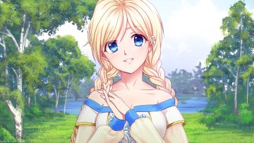 blonde hair blue eyes braids breasts cleavage close everlasting summer grass green long hair orika nekoi sky slavya tree twintails water