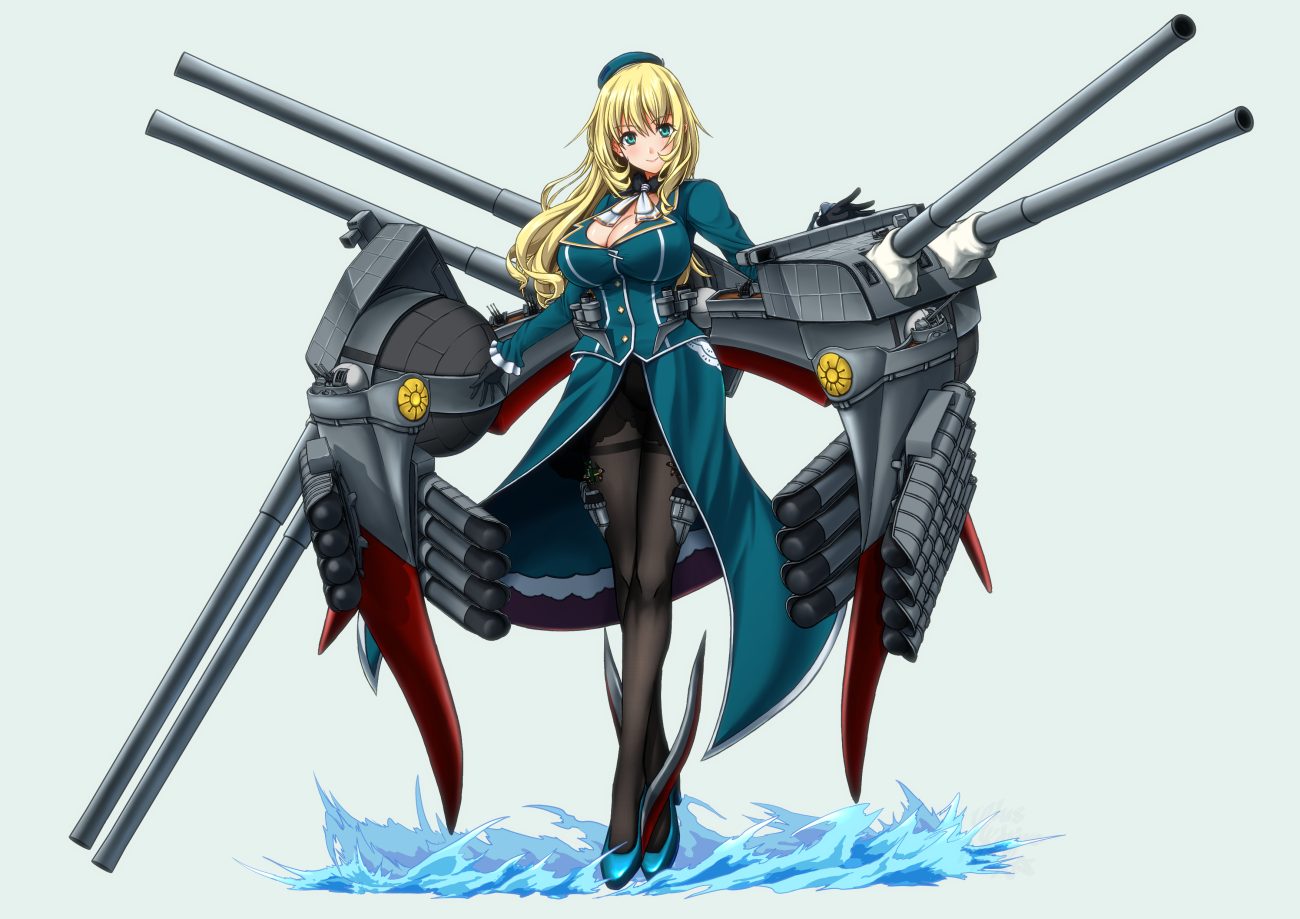 aliasing anthropomorphism atago (kancolle) blonde hair breasts cleavage green eyes hat kantai collection koutarou (plusdrive) long hair military pantyhose skirt uniform water weapon