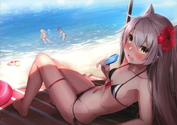 amatsukaze (kancolle) anthropomorphism beach bikini food kantai collection popsicle scan shimakaze (kancolle) swimsuit takanashi kei (hitsujikan) tokitsukaze (kancolle) water